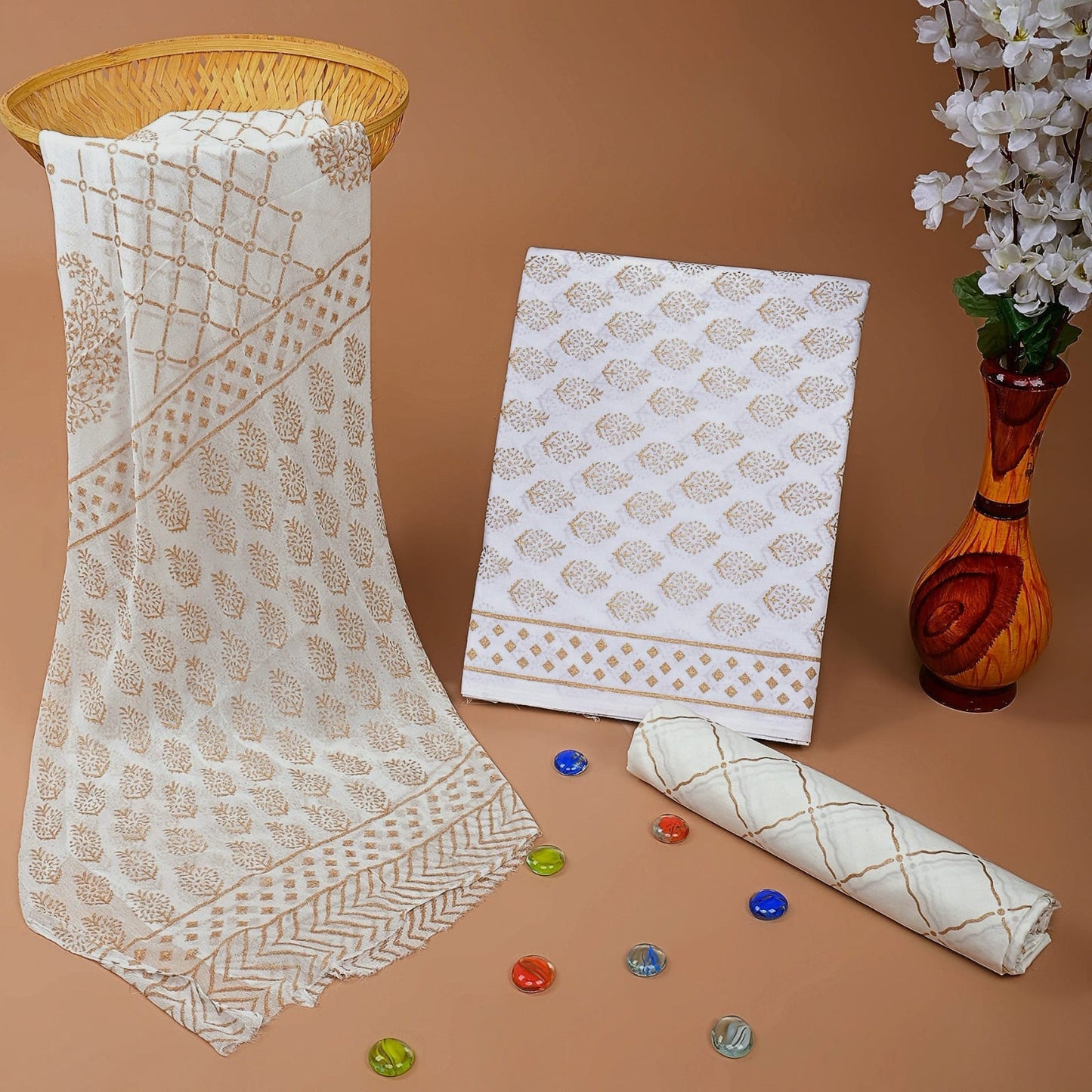 Royal Heritage Cotton Dress Materials with Chiffon Dupatta