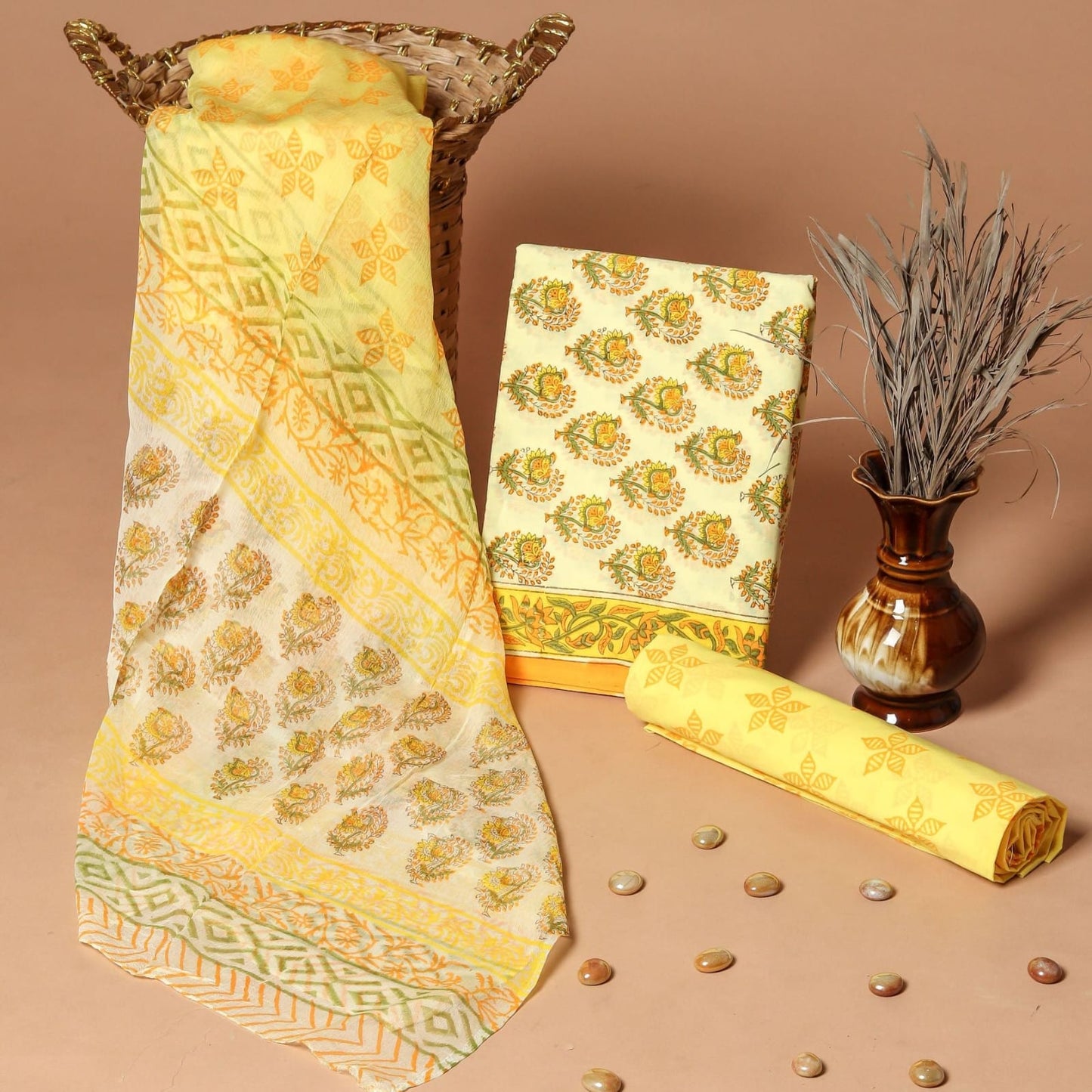 Royal Heritage Cotton Dress Materials with Chiffon Dupatta
