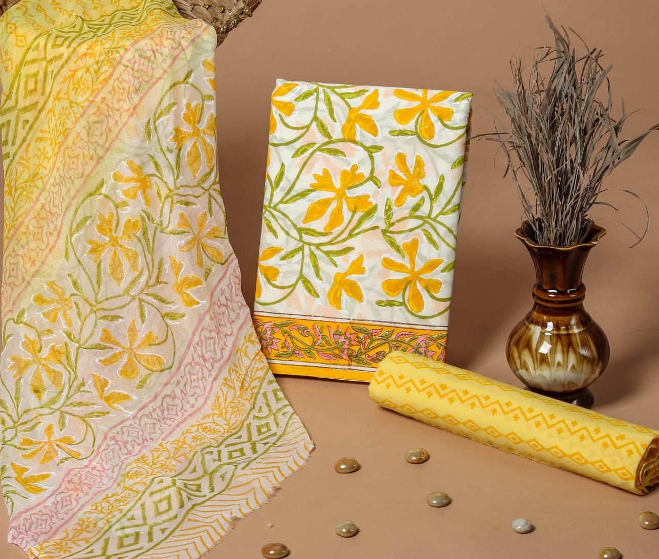 Royal Heritage Cotton Dress Materials with Chiffon Dupatta