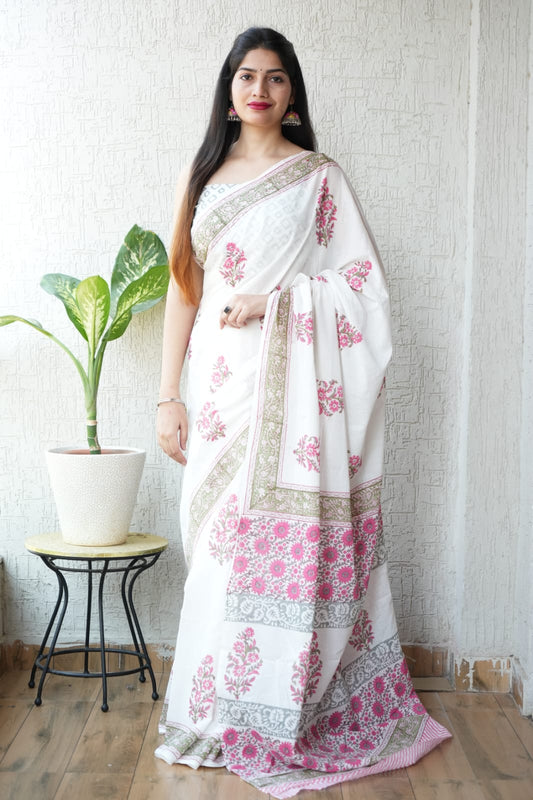 Jaipur Hand Block Printed Mulmul Cotton Saree