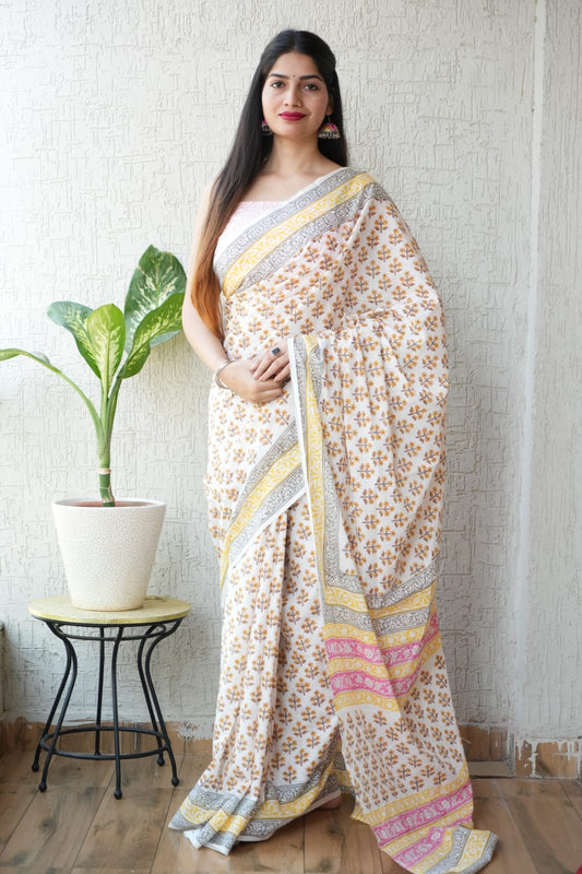 Jaipur Hand Block Printed Mulmul Cotton Saree